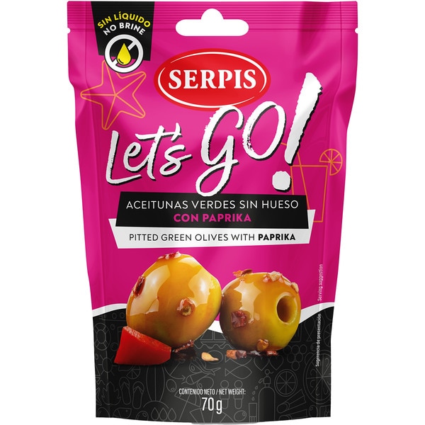 Pitted green olives with paprika bag 70 drained weight g