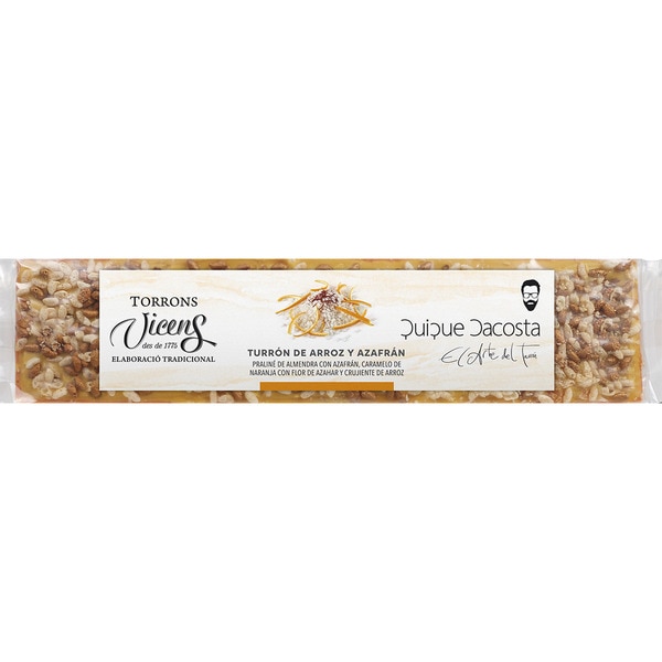Quique DaCosta almond praline with saffron, orange caramel with orange blossom tablet 300 g with rice crunch topping
