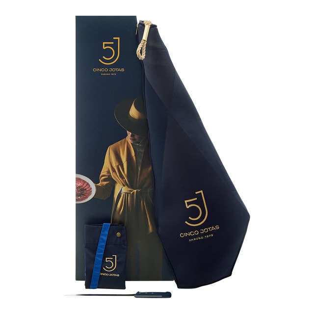 Estuche con jamón de bellota 100% ibérico Cinco Jotas + cuchillo + delantal