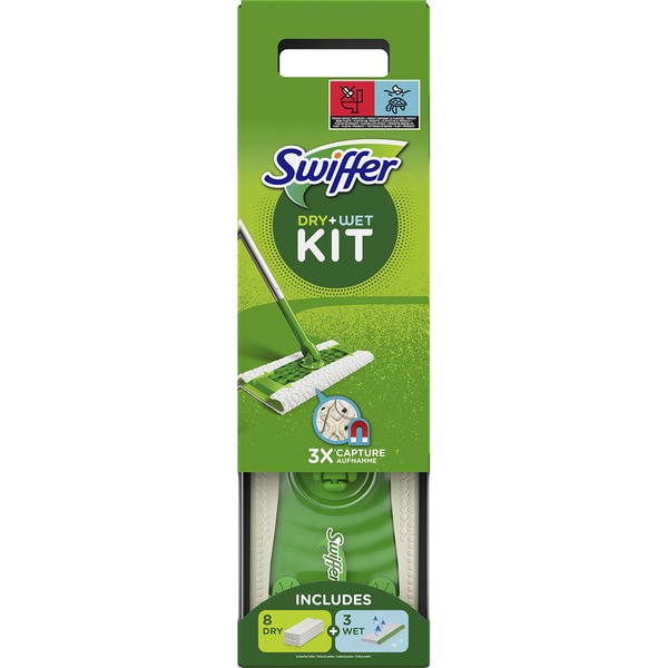Dry + Wet mopa atrapapolvo con palo caja 1 unidad + 8 recambios + 3 recambios húmedos