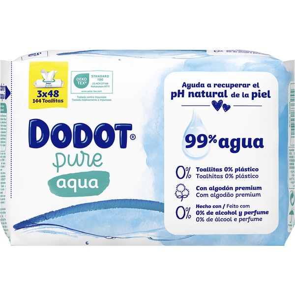 Babypflegetücher Aqua Pure mit Baumwolle 3er-Pack Pakete 48 Einheiten 0% Parfüm, Alkohol und Plastik