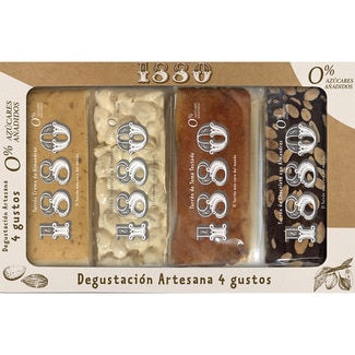 1880 Degustación Artesana Mischung 4 Geschmacksrichtungen 0% Zuckerzusatz Premiumqualität 4x75g Karton 300 g (weicher, harter Turrón, Eigelb und Schokolade mit Mandeln)