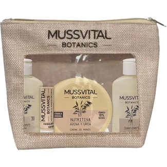 MUSSVITAL Botanics toiletry bag with oat bath gel 100 ml + body lotion 100 ml + hand cream 200 ml + SPF15 lip stick