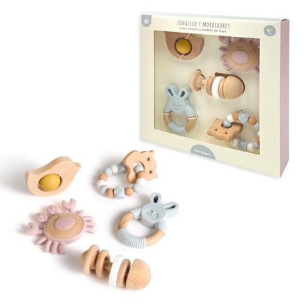 Set de sonajero y mordedores fabricados en madera de haya