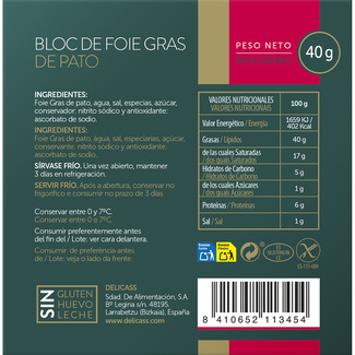 Bloc de foie gras de pato sin gluten envase 40 g - Delicass
