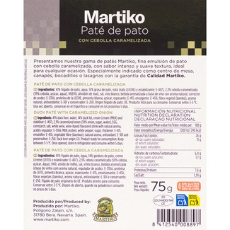 Paté de pato superior con cebolla caramelizada sin gluten envase 75 g +33% gratis - Martiko