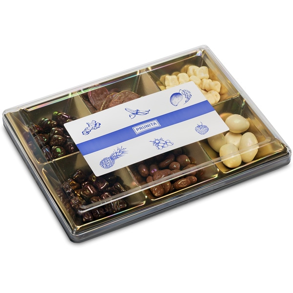 box w/ mango and strawberry in white chocolate + raisins and banana in chocolate + papaya and ginger in black chocolate in 240 g box