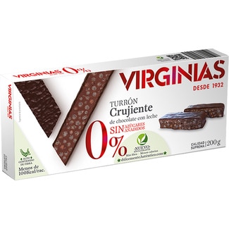 VIRGINIAS 0% turrón de crujiente de chocolate con leche sin azúcares añadidos Calidad Suprema tableta 200 g