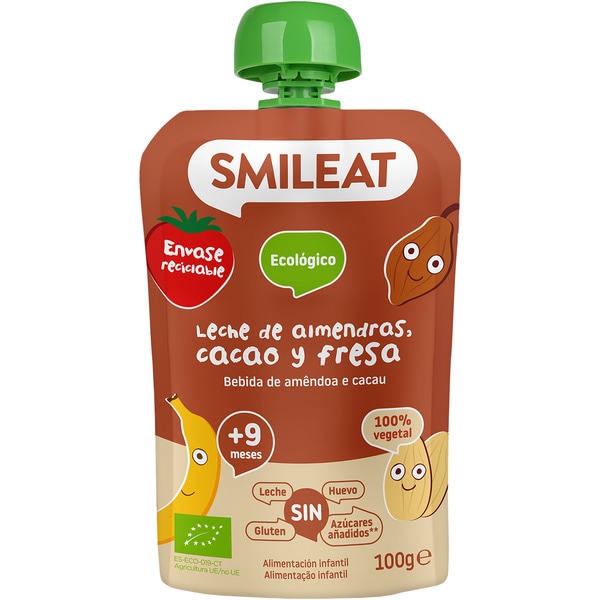 postre de leche de almendras, cacao y fresa ecológico sin gluten, sin leche desde 9 meses bolsita 100 g