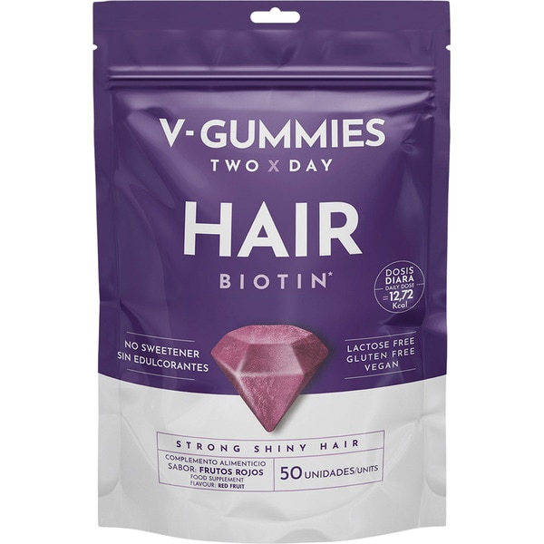 Hair Biotin gominolas con pelo fuerte y brillante sabor sin gluten y sin lactosa bolsa 50 unidades vegano y sin edulcorantes