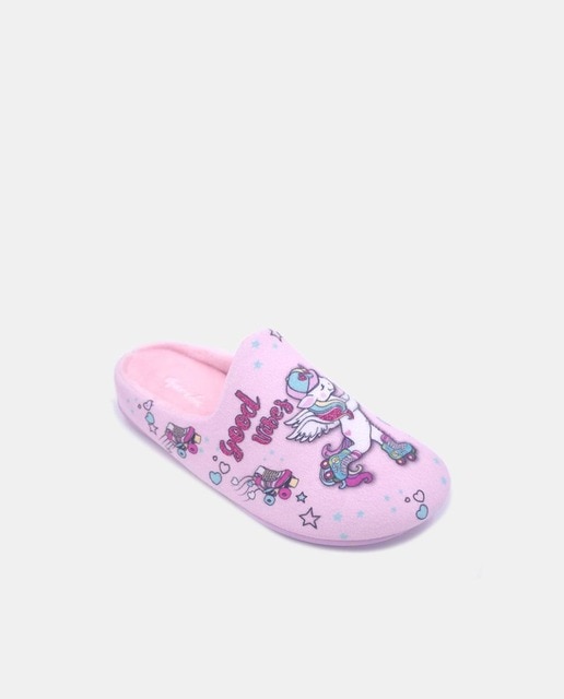 Zapatillas de casa abiertas de niña en textil con dibujo de unicornio
