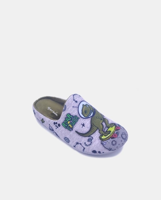 Zapatillas de casa abiertas de niño en textil con dibujo de dinosaurios