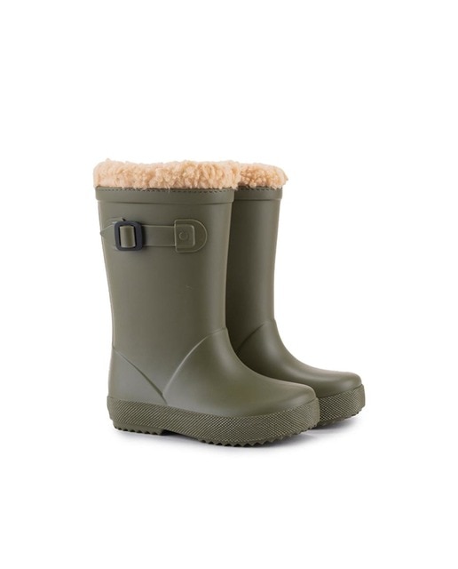 Botas de agua de bebés kaki con borreguito