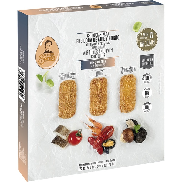Kabeljau-Tomaten-Kroketten 8 Stück + Meeresfrüchte 8 Stück + Steinpilz und Trüffel 8 Stück Karton 720 g glutenfrei für Heißluftfritteuse und Ofen