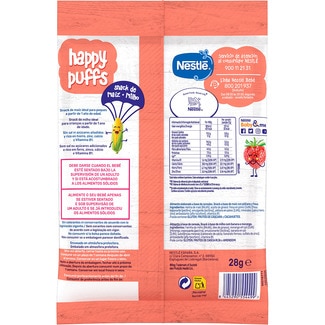 Happy Puffs snacks de maíz sabor fresa sin sal y sin azúcares añadidos bolsa 28 g - Nestle