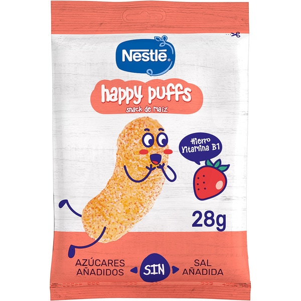 Happy Puffs strawberry flavour corn snacks with no salt and no added sugar bag 28 g