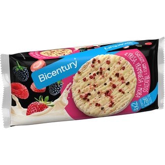Tortitas de chocolate blanco y trocitos de fresa, frambuesa y mora pack 4x2 unidades envase 131,2 g - Bicentury