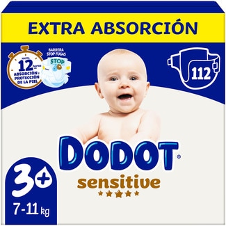 DODOT sensitive pañales extra absorción de 7 a 11 kg talla 3+ bolsa 112 unidades