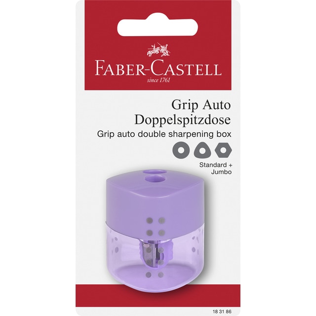 Bliste afilalapices auto grip doble Faber-Castell violeta pastel.