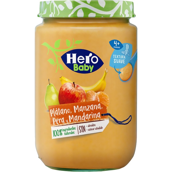 plátano, manzana, pera y mandarina sin gluten desde 4 meses tarrito 190 g sin azúcar añadido 100% ingredientes naturales