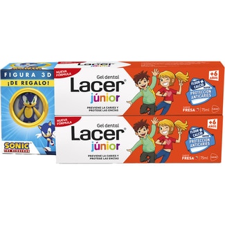 LACER gel dentífrico júnior previene la caries y protege las encías pack 2 tubos 75 ml + regalo de figura 3D
