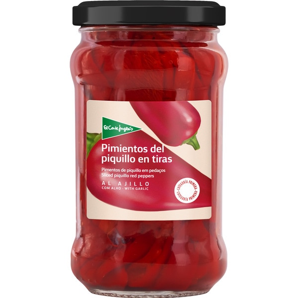 pimientos del piquillo en tiras al ajillo frasco 225 g neto escurrido