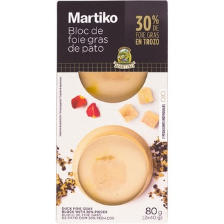 MARTIKO bloc de foie gras de pato cocido con 30% de trozos 2 medallones x 40 g sin gluten envase 80 g