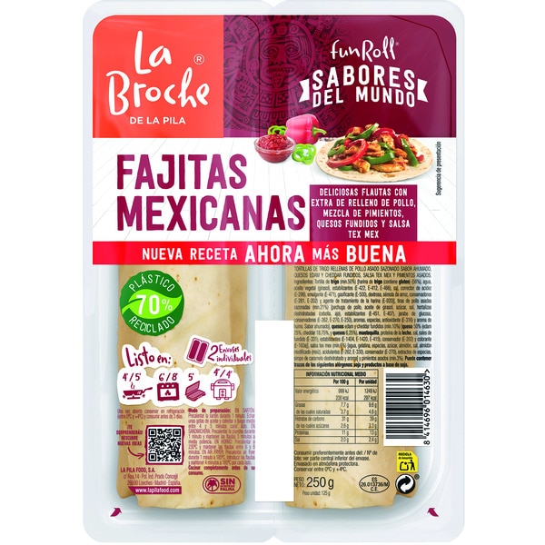 Fun Roll fajitas mexicanas con extra de relleno de pollo, mezcla de pimientos, quesos fundidos y salsa tex mex 2 unidades envase 250 g