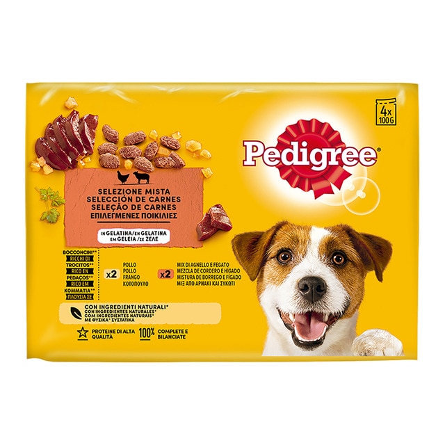 Pedigree – Comida húmeda para perros Pedigree bolsitas selección carnes mixtas pollo y cordero en gelatina 4 x 100 g.