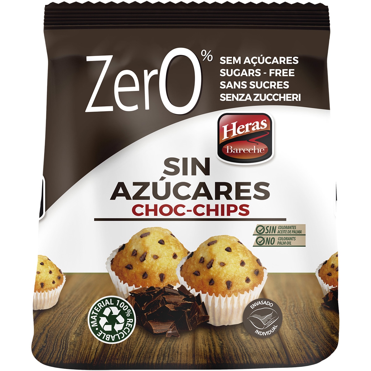 magdalenas con chips de chocolate 0% azúcares añadidos envasadas individualmente