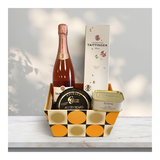 Cesta con delicias de atún, foie gras de pato y champagne rosado