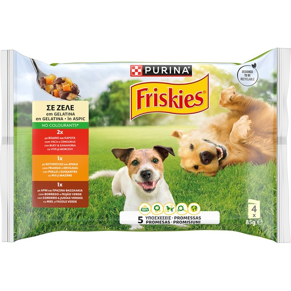Feuchtfutter für Hunde mit Ochse, Möhren, Hähnchen, Erbsen, Lamm und grünen Bohnen 4 Taschen 85 g