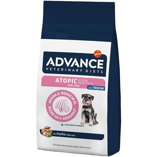 Veterinay Diets Atopic Trockenfutter für ausgewachsene Mini-Hunde Forelle und Aloe Vera Tasche 3 kg