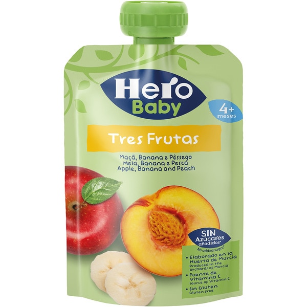 Beutel Drei Obstsorten Apfel, Banane und Pfirsich glutenfrei ab dem 4. Monat 100 g