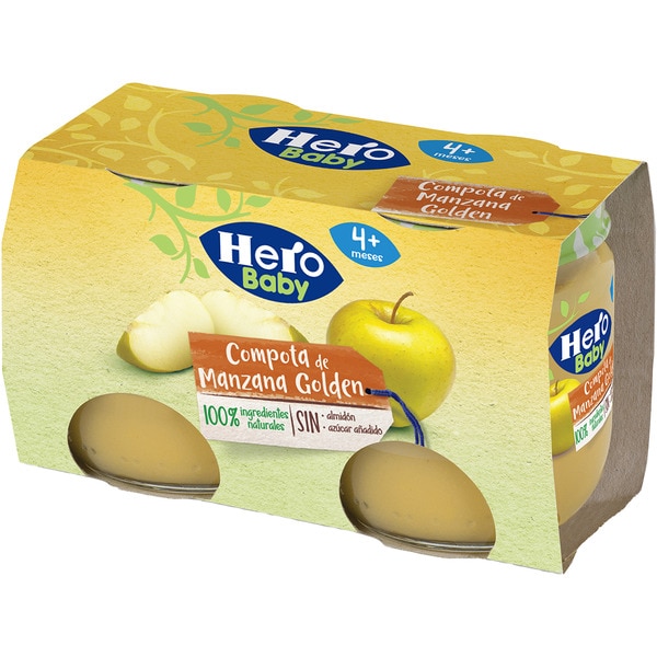 Jar of golden delicious apple compote, gluten-free, no added sugar ages 4+ months 2-pack containers 120 g