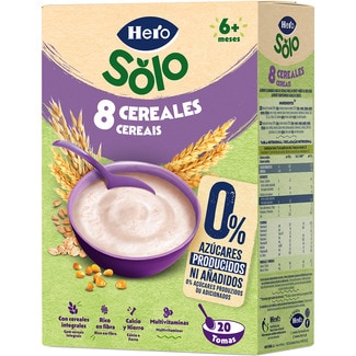 Papilla de 8 cereales 0% azúcares producidos ni añadidos desde 6 meses envase 340 g - Hero Solo