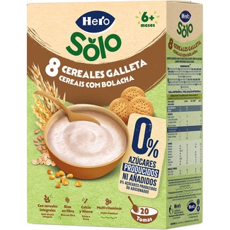 Papilla de 8 cereales con galleta 0% azúcares producidos ni añadidos desde 6 meses envase 340 g - Hero Solo