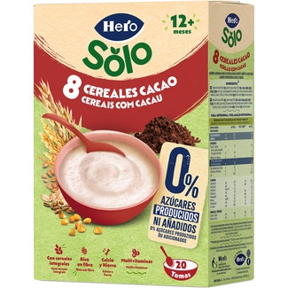 Papilla de 8 cereales con cacao 0% azúcares producidos ni añadidos desde 12 meses envase 340 g - Hero Solo