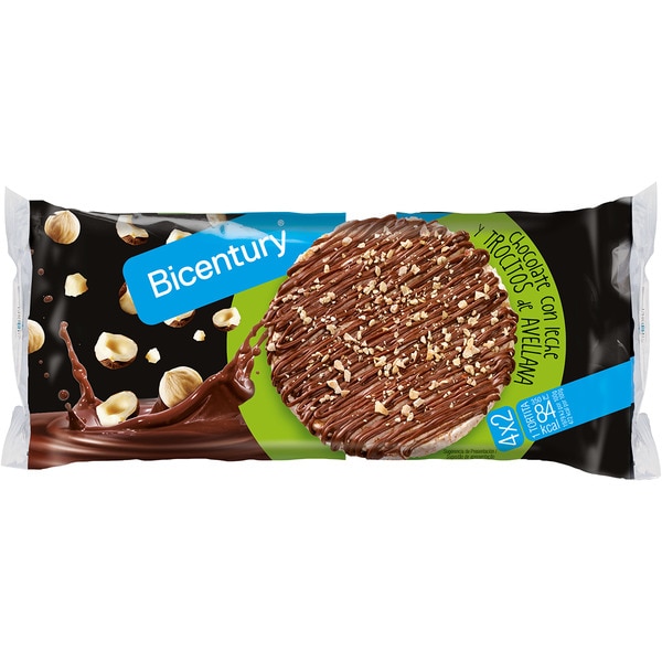 tortitas de arroz con chocolate con leche y trocitos de avellana packs 4x2 unidades envase 141,6 g