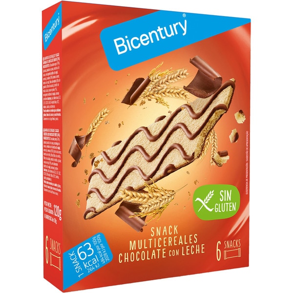 snacks de multicereales con chocolate con leche sin gluten 6 unidades envase 78 g 6 unidades