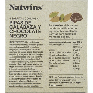 Barritas con avena y espelta, semillas de calabaza y chocolate sin azúcar añadido envase 80 g - Natwins