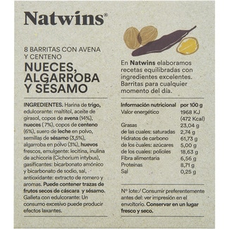 Barritas de avena y centeno, nueces y algarroba sin azúcar añadido envase 80 g - Natwins