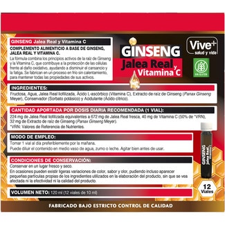 Jalea real con ginseng y vitamina C sin gluten estuche 12 viales - Vive+