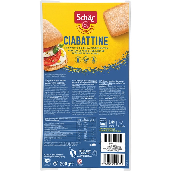 Ciabattine bread rolls with extra virgin olive oil, gluten-free and lactose-free container 200 g
