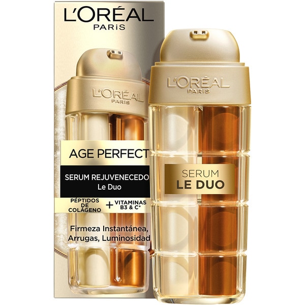 Age Perfect serum rejuvenedor Le Duo péptidos de colágeno + vitamina B3 y C dosificador 30 ml firmeza instantánea, arrugas y luminosidad