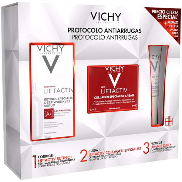 Anti-Falten-Schatulle mit Liftactiv Retinol Serum Dosierspender 30 ml + straffende Creme Liftactiv Collagen 50ml + Lichtschutz SPF50+ 15ml geschenkt