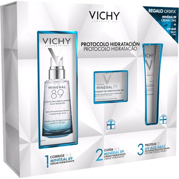 Schatulle Feuchtigkeitsprotokoll mit Mineral 89-Serum Dosierspender 50 ml + Geschenk Boots Feuchtigkeitscreme + Lichtschutz SPF50+