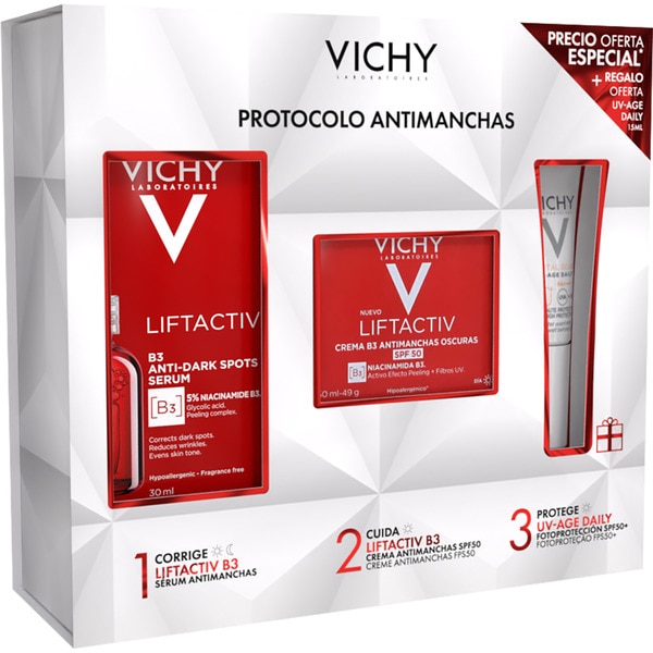Anti-Spot-Schatulle mit Liftactiv B3-Serum Dosierspender 30 ml + Anti-Spot-Creme SPF50 + LichtschutzSPF50+ als Geschenk