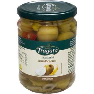 FRAGATA aceitunas gordal sin hueso aliño picantina frasco 200 g neto escurrido