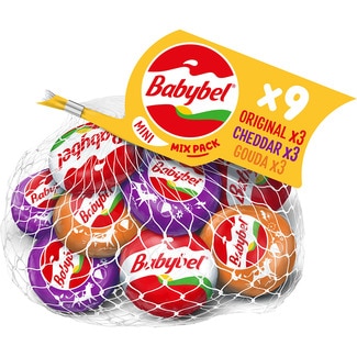 MINI BABYBEL mix de quesos snack  9 porciones bolsa 180 g 3 original, 3 cheddar y 3 emmental